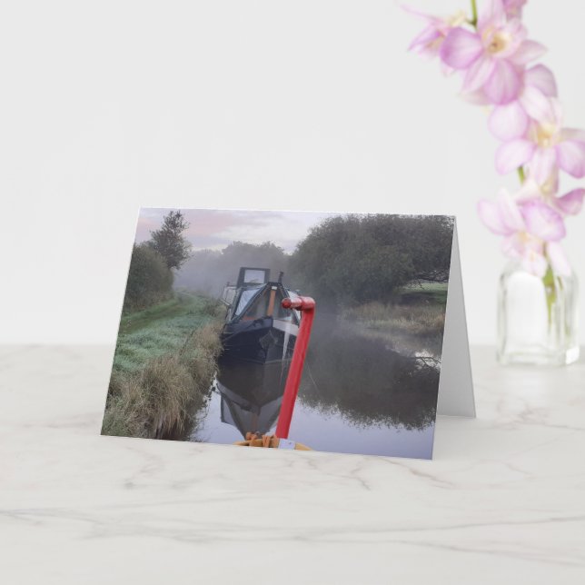 Narrowboats on a misty morning. Blank Card (Orchid)