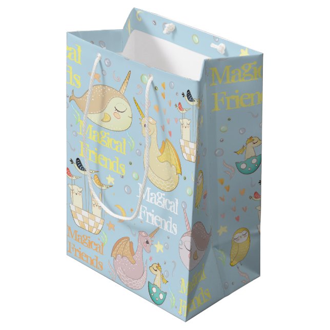 Narwhal and Dragon Friends Baby Blue Custom  kids Medium Gift Bag (Front Angled)