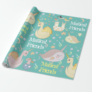 Narwhal and Dragon Friends Teal Personalised Wrapping Paper