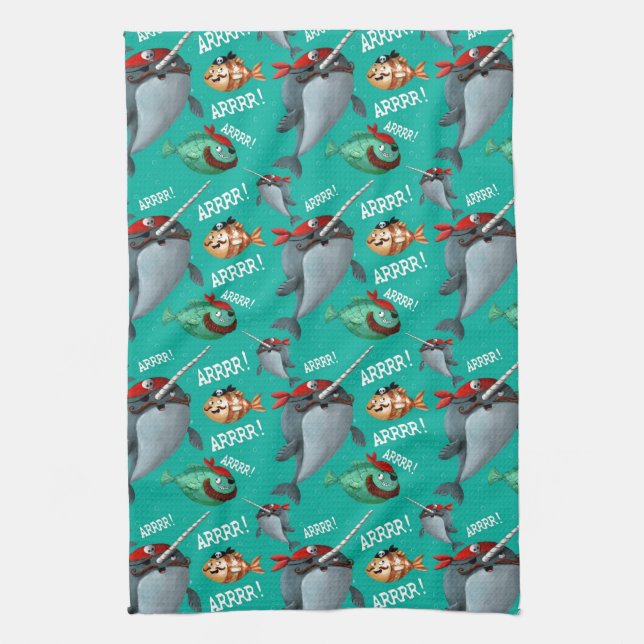 Narwhal and Fish Pirate Pattern Tea Towel (Vertical)