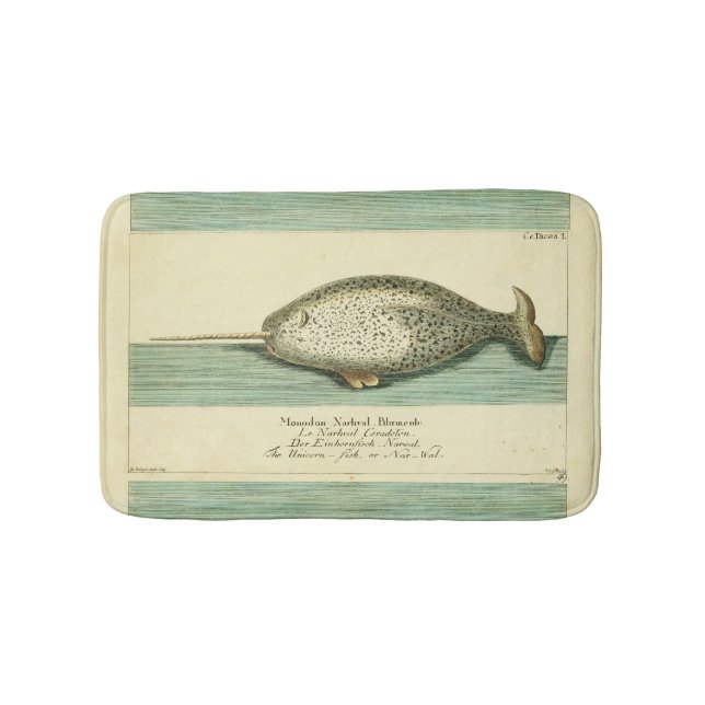 Narwhal Antique Whale Watercolor Scientific Art Bath Mat (Front)