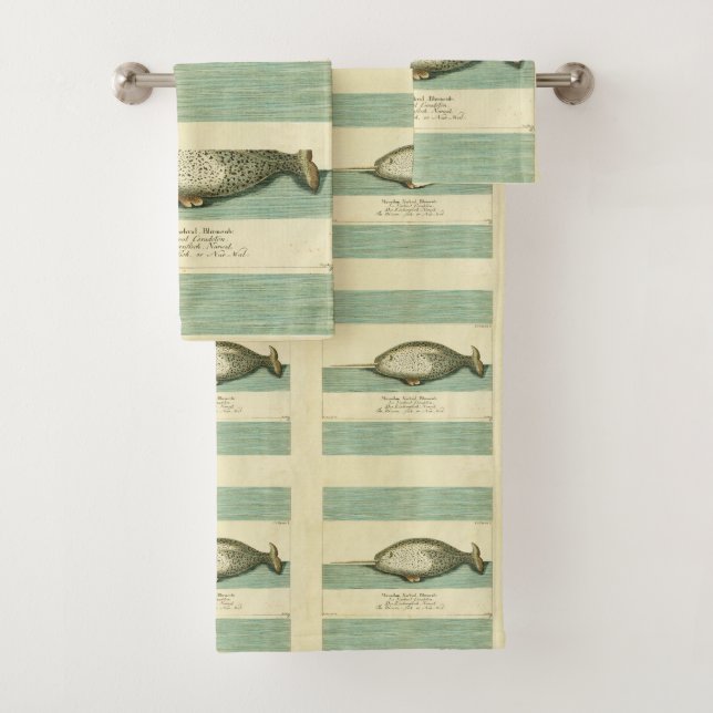 Narwhal Antique Whale Watercolor Scientific Art Bath Towel Set (Insitu)