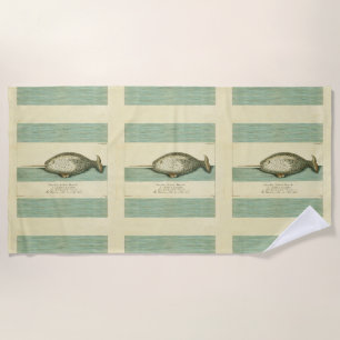 Narwhal Antique Whale Watercolor Scientific Art Beach Towel