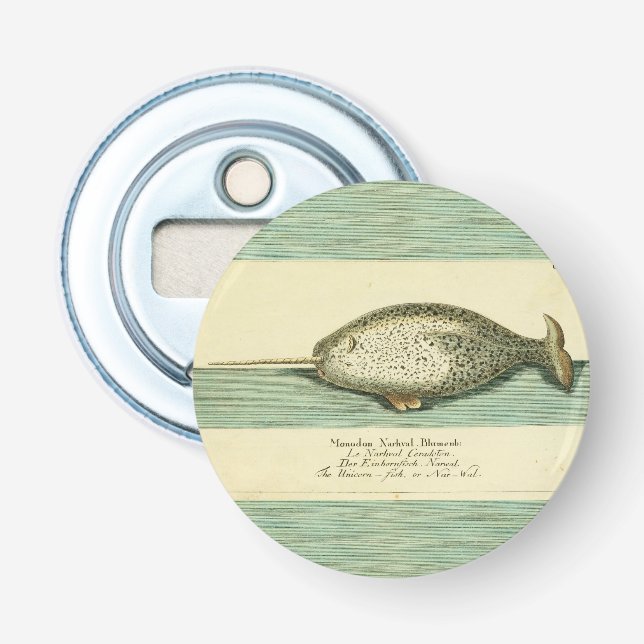 Narwhal Antique Whale Watercolor Scientific Art Bottle Opener (Front)