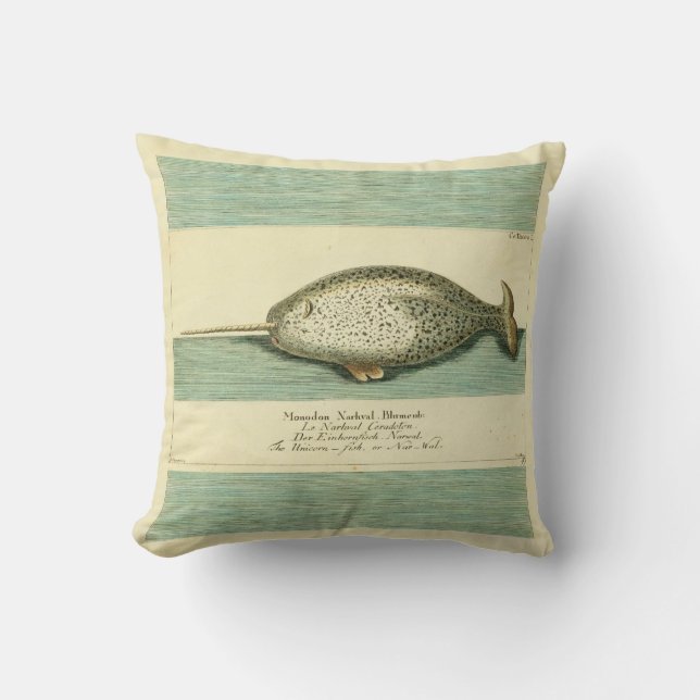 Narwhal Antique Whale Watercolor Scientific Art Cushion (Front)