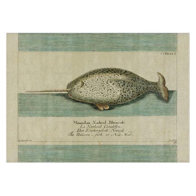 Narwhal Antique Whale Watercolor Scientific Art Cutting Board (Front)