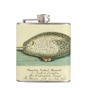 Narwhal Antique Whale Watercolor Scientific Art Hip Flask