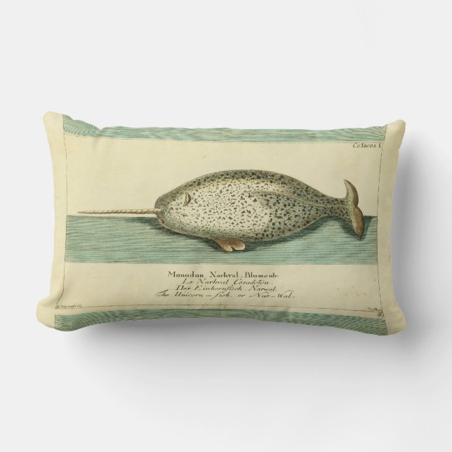 Narwhal Antique Whale Watercolor Scientific Art Lumbar Cushion (Front)