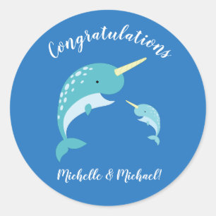 Narwhal Baby Shower Blue Boy Cute Classic Round Sticker