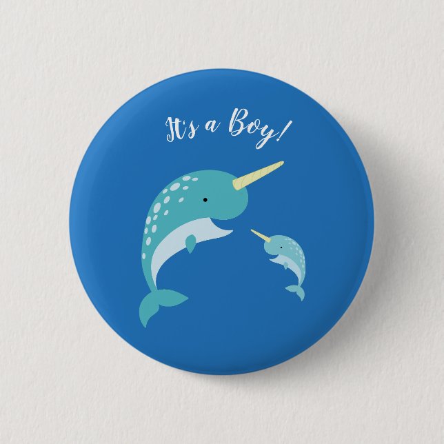 Narwhal Baby Shower Blue Boy Whale 6 Cm Round Badge (Front)