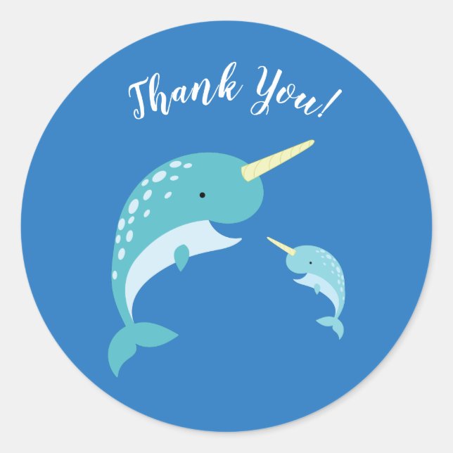Narwhal Baby Shower Blue Boy Whale Classic Round Sticker (Front)
