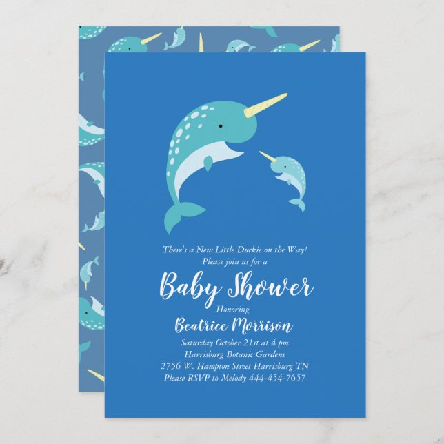 Narwhal Baby Shower Blue Boy Whale Invitation (Front/Back)