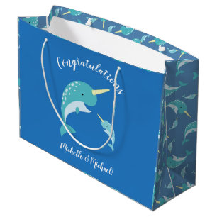 Narwhal Baby Shower Blue Boy Whale Large Gift Bag
