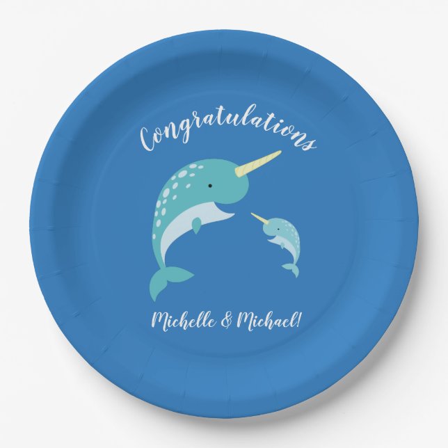 Narwhal Baby Shower Blue Boy Whale Paper Plate (Front)