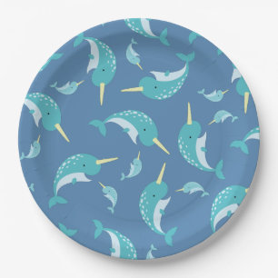 Narwhal Baby Shower Blue Boy Whale Paper Plate