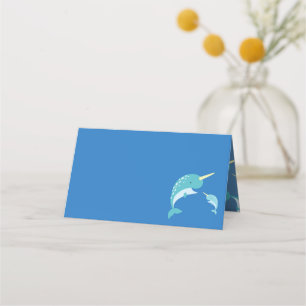 Narwhal Baby Shower Blue Boy Whale Place Card