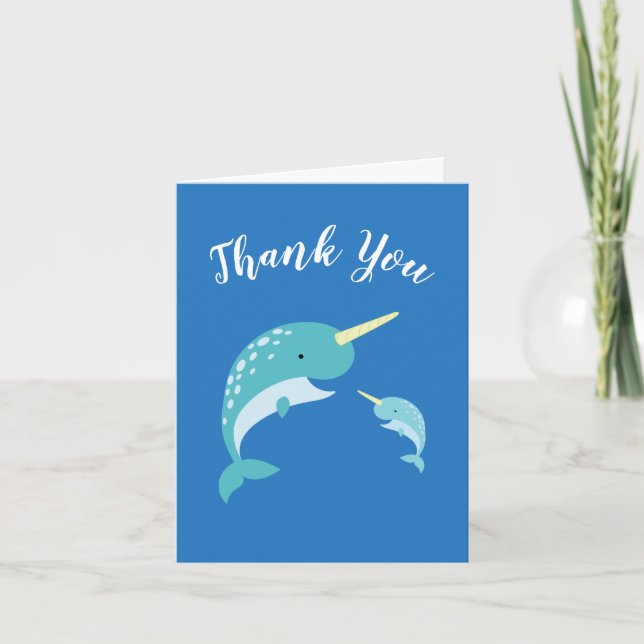 Narwhal Baby Shower Blue Boy Whale Thank You Card (Front)