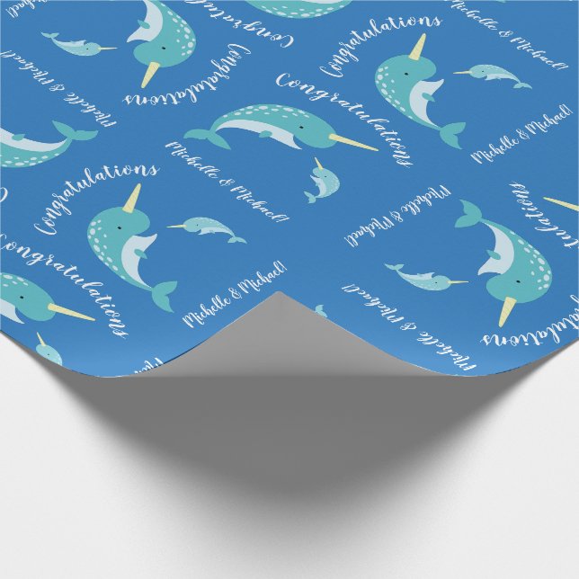 Narwhal Baby Shower Blue Boy Whale Wrapping Paper (Corner)