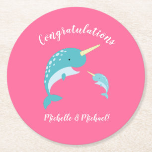 Narwhal Baby Shower Pink Girl Cute Round Paper Coaster
