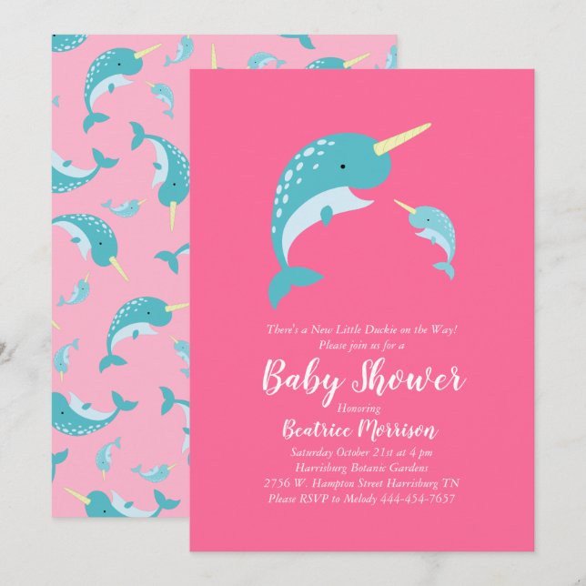 Narwhal Baby Shower Pink Girl Whale Invitation (Front/Back)
