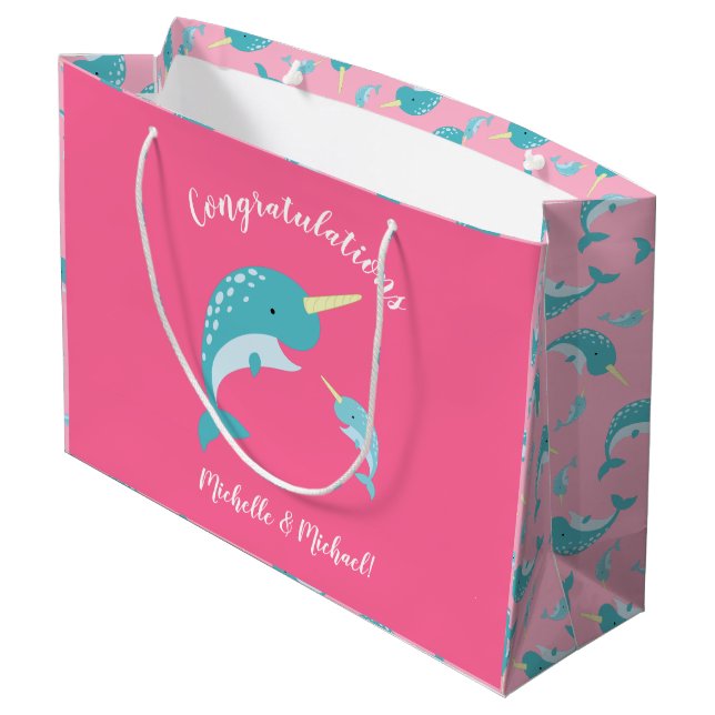 Narwhal Baby Shower Pink Girl Whale Large Gift Bag (Back Angled)