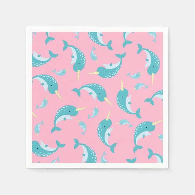 Narwhal Baby Shower Pink Girl Whale Napkin (Front)