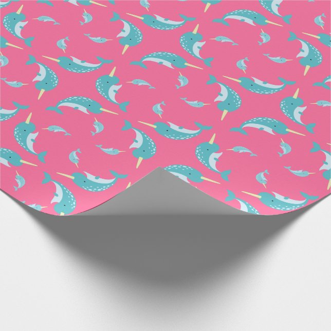 Narwhal Baby Shower Pink Girl Whale Wrapping Paper (Corner)