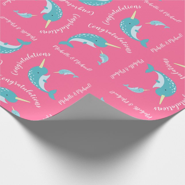 Narwhal Baby Shower Pink Girl Wrapping Paper (Corner)