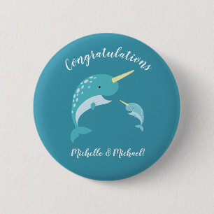 Narwhal Baby Shower Yellow Gender Neutral Whale 6 Cm Round Badge