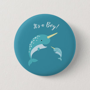 Narwhal Baby Shower Yellow Gender Neutral Whale 6 Cm Round Badge