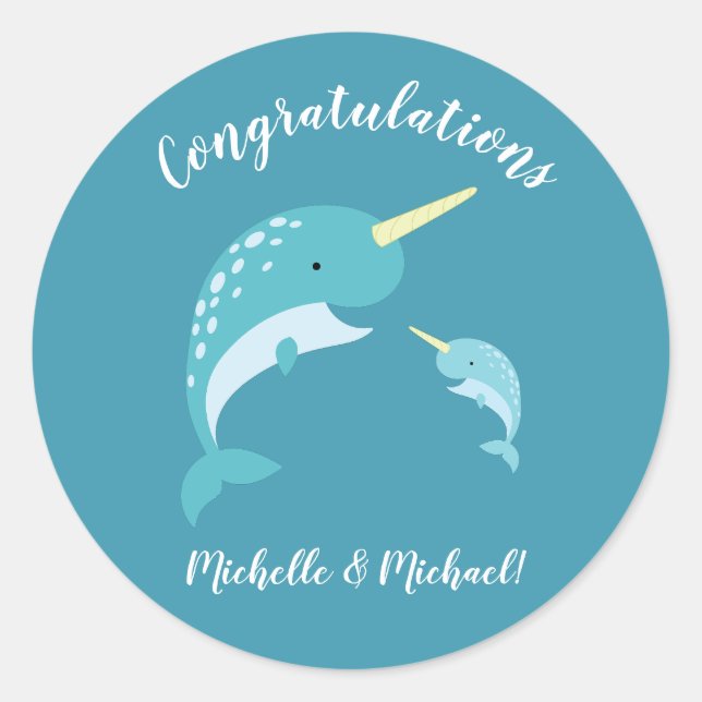 Narwhal Baby Shower Yellow Gender Neutral Whale Classic Round Sticker (Front)