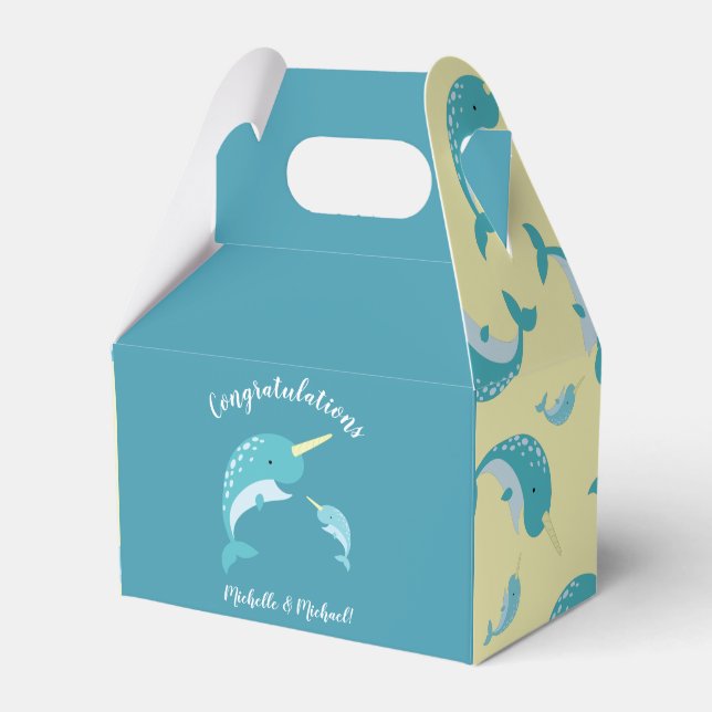 Narwhal Baby Shower Yellow Gender Neutral Whale Favour Box (Front Side)