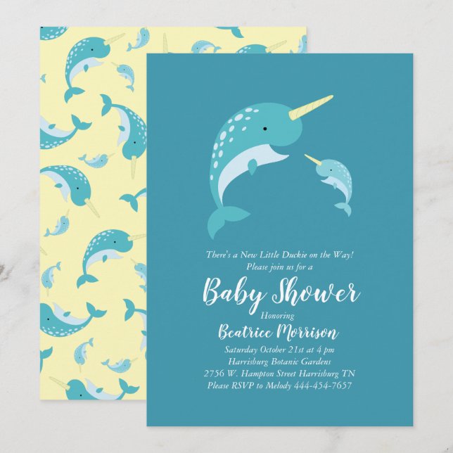 Narwhal Baby Shower Yellow Gender Neutral Whale Invitation (Front/Back)