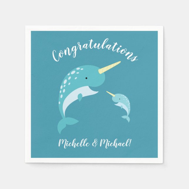 Narwhal Baby Shower Yellow Gender Neutral Whale Napkin (Front)