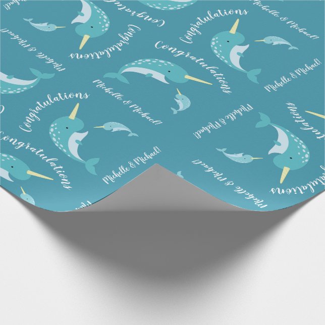 Narwhal Baby Shower Yellow Gender Neutral Whale Wrapping Paper (Corner)