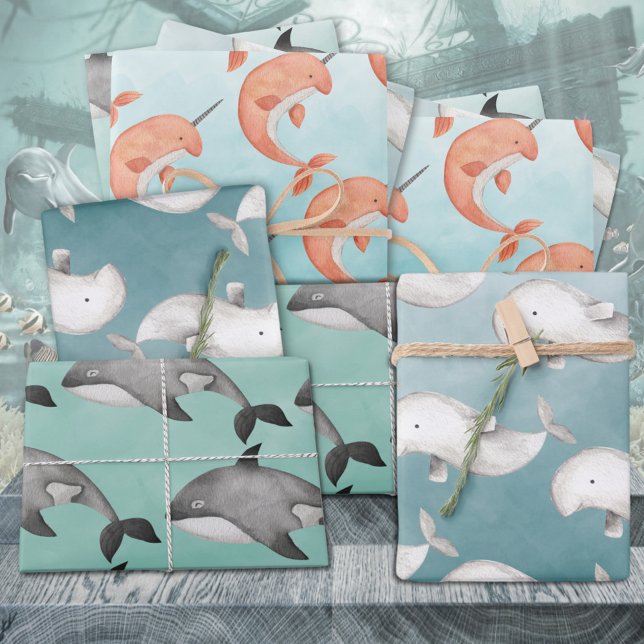 Narwhal Beluga Whales Under The Deep Blue Ocean Wrapping Paper Sheet (Narwhal Beluga Whales Under The Deep Blue Ocean Gift Wrapping Paper Sheets Trio)