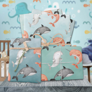 Narwhal Beluga Whales Under The Deep Blue Sea Wrapping Paper Sheet