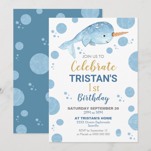 Narwhal Birthday Invitation Boy 1st Birthday (Front/Back)