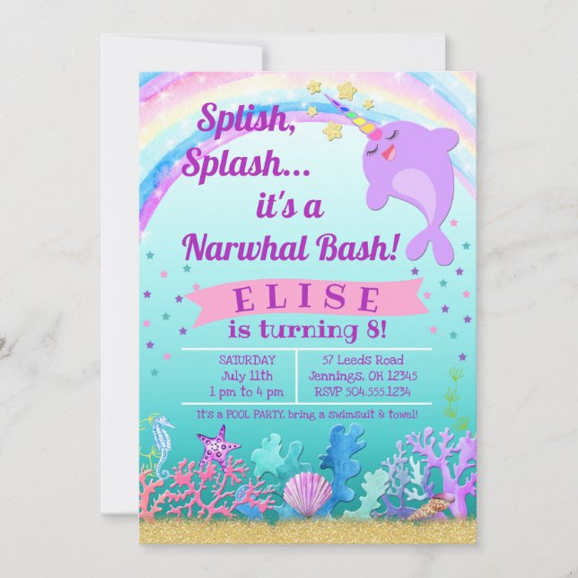 Narwhal Birthday Invitation, Narwhal Pool Party Invitation (Front)