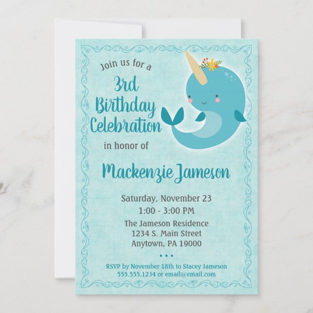Narwhal Birthday Invitation Unicorn Whale (Front)