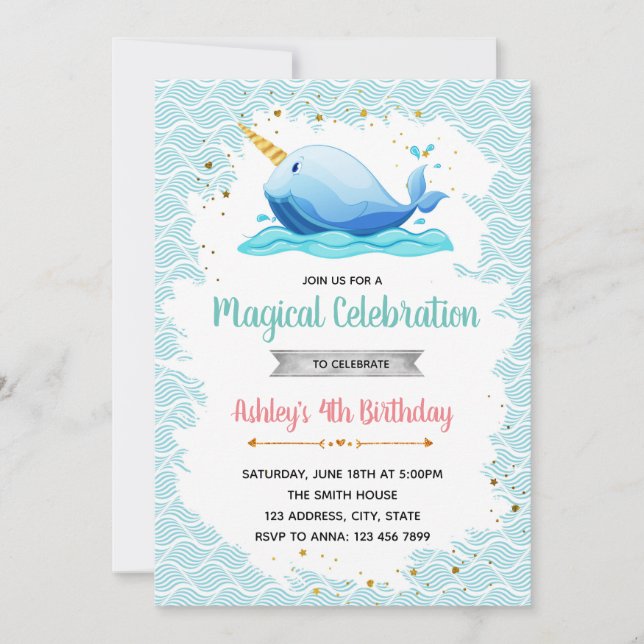 Narwhal birthday party invitation (Front)