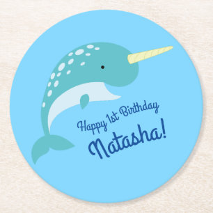 Narwhal Birthday Party Round Paper Coaster