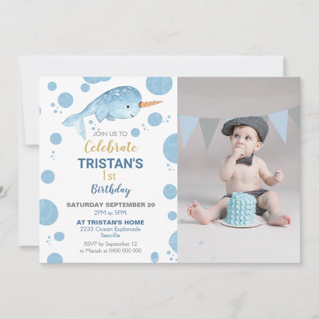 Narwhal Birthday Photo Invitation Boy (Front)