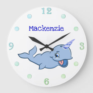 Narwhal Blue   Adorable Baby Kawaii Custom Ocean Large Clock