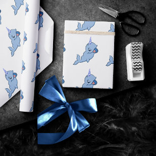 Narwhal Blue Adorable Baby Kawaii Ocean Shower Wrapping Paper