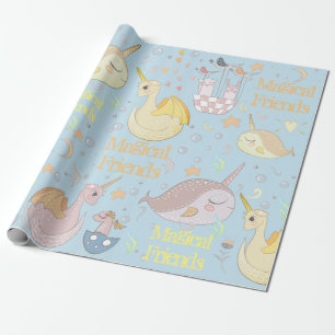 Narwhal, Dragon Pastel Baby Blue Personalised Wrapping Paper