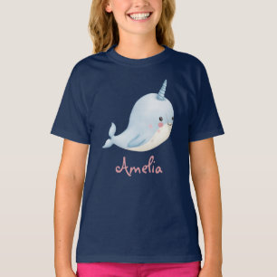 Narwhal Girl Birthday Add Name Personalised Navy T-Shirt
