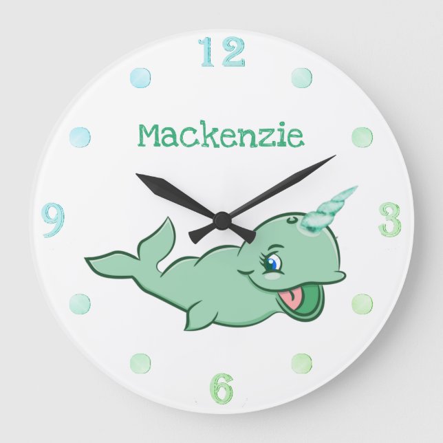 Narwhal Green | Cute Mint Chibi Cartoon Customised Large Clock (Front)