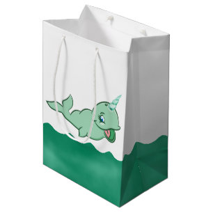 Narwhal Green   Cute Mint Chibi Cartoon Sea Party Medium Gift Bag