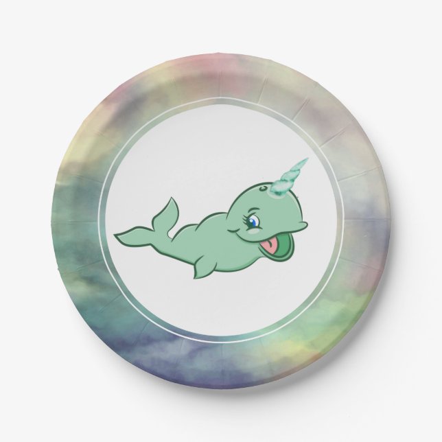 Narwhal Green | Cute Mint Chibi Cartoon Sea Party Paper Plate (Front)